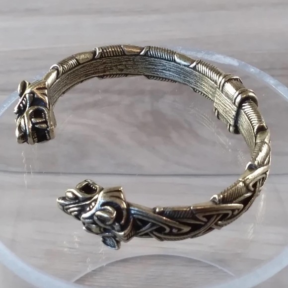 Silver Wolf Head Viking Norse Knotwork Cuff Bangle Bracelet - Picture 7 of 12